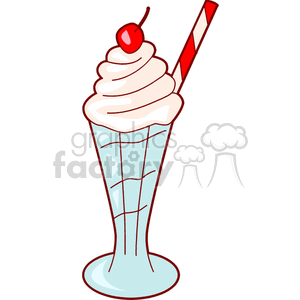 The image is a clipart illustration of a single ice cream sundae. The sundae is portrayed in a tall glass cup with a light blue tint. It appears to have a swirl of soft-serve ice cream on top, with a red cherry and a red and white striped straw sticking out from the creamy peak.