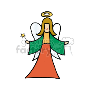 The clipart image depicts a simple, cartoon-style drawing of a Christmas angel. The angel has a halo above its head, is wearing a long red gown, and has green wings. In one hand, the angel is holding a wand with a star on top, suggesting it could be a representation of the Angel of the Lord or perhaps a fairy-like spirit associated with the festive period.