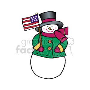 The clipart image depicts a cheerful snowman dressed in winter attire, which includes a green jacket with red buttons, a pink scarf, and mittens. The snowman also features a classic top hat and a carrot nose, adding to the festive look. Additionally, the snowman is holding an American flag, which suggests a celebration of winter holidays in the United States.