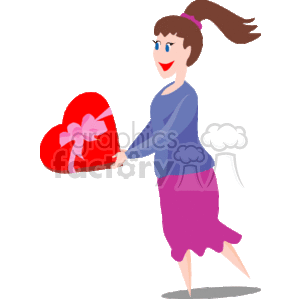 This clipart image depicts a smiling woman holding a large red heart-shaped box adorned with a ribbon, which commonly represents a box of chocolates or sweets associated with Valentine's Day. She appears to be happily walking and could be gifting or receiving the heart-shaped box, a typical Valentine's Day gesture.