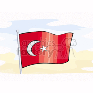 The clipart image features the flag of Turkey. It shows a red flag with a white star and crescent in the center, depicted as waving in the wind. The background suggests a sky with clouds, indicating the flag is perhaps flying outside.