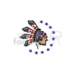 This clipart image features a stylized representation of a Native American figure with a traditional feathered headdress. The headdress is adorned with American flag motifs, including stars and stripes. Surrounding the figure are several scattered blue stars.