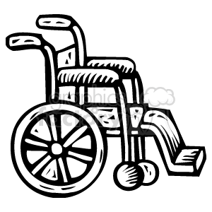 The image is a black and white clipart illustration of a manual wheelchair. The wheelchair features large rear wheels, smaller front caster wheels, armrests, a seat, back support, and footrests.