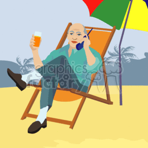 The clipart image depicts a senior man lounging on a beach chair with a drink in one hand and a phone to his ear. He appears relaxed and content, possibly on vacation at a beach setting. There are palm trees in the background and part of a beach umbrella can be seen, providing shade for the man. The overall scene suggests leisure and relaxation.