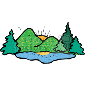 The clipart image depicts a stylized natural scene including elements that suggest a country-style mountain landscape. There are pine trees on either side, a mountain range in the background with a sunrise or sunset peeking over the central peak, and a lake in the foreground reflecting the sun. The image uses simplified shapes and bright colors with a dotted texture for the mountain, indicating a somewhat rustic or whimsical take on a wilderness setting.