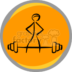 This is a simple clipart image featuring a stylized stick figure lifting a barbell against a circular orange background. The figure appears to represent a bodybuilder or someone exercising with weights.