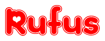 The image displays the word Rufus written in a stylized red font with hearts inside the letters.