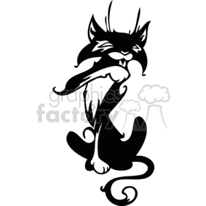 This clipart image features a stylized representation of a cat. The image is black and white, suggesting it's suitable for vinyl cutting or signage purposes. The cat has exaggerated features, with sharp, pointed ears, long whiskers, and a long, curling tail. It appears to be sitting with its back slightly arched, and it has a somewhat mischievous or playful expression on its face.