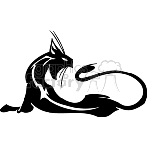 The image is a black and white clipart of a stylized cat. The cat appears to be lying down, with its tail elegantly stretching and curling back towards its body. The design is simple, with clear, bold lines making it suitable for vinyl-ready signage due to its high contrast and simplicity.