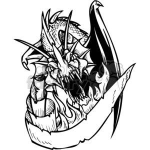 The clipart image depicts a fierce, stylized dragon entwined with a scroll or banner. The dragon's body is adorned with scales, and it has large, wing-like appendages. Its head is turned towards the viewer, displaying an open mouth with sharp teeth, aggressive eyes, and prominent horns. The scroll wraps around the dragon's body, providing space that could be used for text or additional design elements. The overall style is bold and graphic, suitable for vinyl cutting or similar artistic applications.