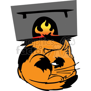 This clipart image features an orange tabby cat resting or sleeping cozily in front of a fireplace. The cat appears content and comfortable, encapsulating a warm and homely atmosphere.