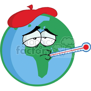 The clipart image depicts a cartoon representation of the Earth looking unwell or sick. The Earth has a weary facial expression, with droopy eyes and a saddened or fatigued appearance. There is a thermometer in its mouth, indicating it has a fever. The Earth is also sporting a cold compress or ice pack on top of its head, which commonly signifies illness or an attempt to reduce a fever. The clipart does not contain any hearts, love, or Valentine's Day-related imagery.