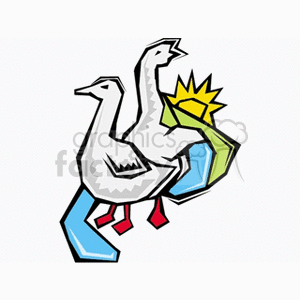 The clipart image features a stylized representation of two geese or ducks. These bird figures are drawn with bold outlines and cartoonish features, with exaggeratedly large bodies and feet.