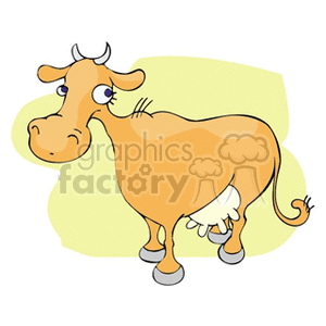 This is a clipart image of a cartoon cow. The cow appears friendly and is standing with its body profiled and head turned looking at the viewer. It has a prominent udder, indicating that it's likely a dairy cow, which relates to milk production.