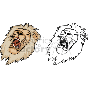 This image depicts two stylized illustrations of roaring lions. The lion on the left is colored, featuring shades of beige and brown with a detailed mane, while the one on the right is a black and white line art version of the same design. Both lions have their mouths open in a ferocious roar, displaying their teeth, and have pronounced manes symbolizing their status as male lions, often referred to as the king of the jungle.