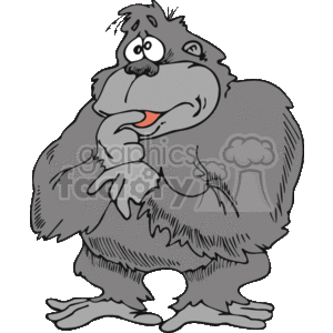 The clipart image depicts a cartoon of a gorilla. This gorilla seems to have a confused or thoughtful expression, with one hand placed on its chin as if it's deep in thought or trying to make a decision. There are droplets on its head suggesting puzzlement or worry. The gorilla is standing upright and looking off to the side. Its facial features are exaggerated for a comic effect.