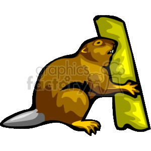 The clipart image shows a stylized brown beaver standing upright and leaning against a green log or piece of wood. The beaver is characterized by a chunky body, a flat tail with a greyish color, and visible orange front teeth, which are distinctive features of beavers. Its hands appear to be touching the wood, perhaps suggesting the beaver's natural behavior of building dams and gnawing on wood. The background is transparent.