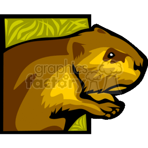 The clipart image contains a stylized depiction of a beaver. The beaver is shown in a profile view with parts of its body highlighted in lighter shades, presumably to indicate dimension and lighting. This beaver is set against a green leafy backdrop at the top and a dark brown background that could suggest it's in a burrow or near the wood it uses to construct dams.