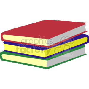 The image is a clipart of a stack of books. There are three books with different colors: red, blue, and green. These books represent themes of education, reading, learning, and could be associated with going back to school or studying. They appear to be hardback textbooks.