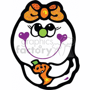 This clipart image features a stylized, cute ghost with feminine characteristics. The ghost has a whimsical expression, large eyes with eyelashes, and a smile. Atop its head, there's a bow with a polka dot pattern and a small pumpkin in the center. The ghost's hands are positioned like they are blowing a kiss with little hearts. Additionally, the ghost is holding a small jack 'o lantern in its hands