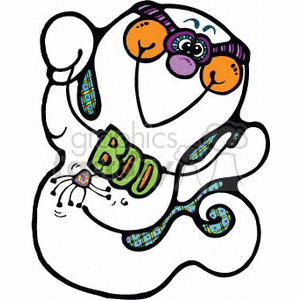 The image is a colorful and cartoonish depiction of a friendly-looking ghost. The ghost has large eyes with decorative, multicolored patterns. It has a broad smile and is wearing glasses or goggles that also feature a fun pattern. The word BOO is prominently displayed on its body in bold, playful letters with varying colors and patterns. The ghost's tongue is playfully sticking out, and it appears to be in a cheerful pose suggesting a lighthearted take on the typical scary ghost motif associated with Halloween.