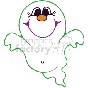 The image is a cartoon of a friendly-looking ghost. It has big, expressive eyes with long eyelashes and a smiling mouth. The ghost appears to be waving its arms, as if greeting someone. The design is simple with purple and green accents, and the ghost has a round body with a wavy outline, giving it a playful appearance. The image conveys a lighthearted take on a typically spooky Halloween character.