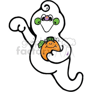 This clipart image features a cute cartoon ghost with a friendly expression, holding a small pumpkin. The ghost is depicted in a whimsical style, with a curvy shape and playful eyes. The pumpkin is adorned with a classic jack-o'-lantern face.