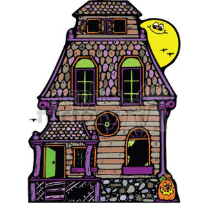 This is a colorful clipart image featuring a spooky, two-story haunted house that embodies a classic Halloween theme. The house has a variety of textures suggesting it's made from stones and wood, with an uneven roof and crooked windows that give it a creepy vibe. In the background, there is a yellow moon with a bat silhouette, and a flying ghost on the left side. There's also a Jack-o'-lantern placed near the doorstep, adding to the Halloween aesthetics.