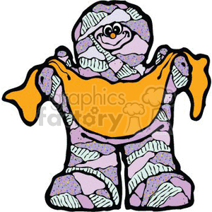 The image depicts a colorful cartoon of a mummy. The mummy is illustrated with purple and white bandages wrapped around its body and is holding what appears to be an orange trick-or-treat bag that could be filled with candy, though no candy is visible in the image. The mummy has a friendly appearance with a small smile on its face, which makes the image playful rather than frightening.