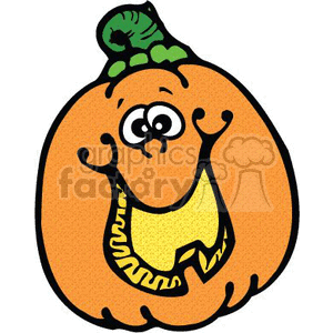 This clipart image features a cartoon-style illustration of a Halloween pumpkin. The pumpkin has a wide, happy smile and is carved in the shape of a jack-o'-lantern. It also has big, expressive eyes and appears to be waving with what would be its hands, giving it a friendly and funny character.