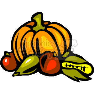 The clipart image features an assortment of harvest-related items commonly associated with Thanksgiving and the fall season. It includes an orange pumpkin at the center, an apple, possibly an acorn, and some leaves, which could be from a corn plant, given the typical depiction of corn in such stylized images. These elements symbolize the autumn harvest and are evocative of Thanksgiving themes like abundance and gratitude for the year's harvest.