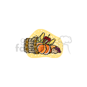 The clipart image depicts a traditional Thanksgiving cornucopia that's overflowing with an abundance of autumnal harvest items. There are bright orange pumpkins, golden ears of corn, red apples, and a bunch of grapes, which all represent the bountiful food typically celebrated during the Thanksgiving holidays.