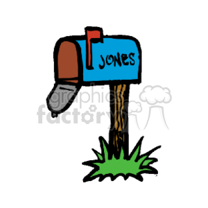 The image depicts a classic mailbox mounted on a post. The mailbox has a curved top and a front-opening door with a small rounded handle. It is predominantly blue with a brown door and sits atop a wooden post. There is a small flag on the right side of the mailbox in the lowered position, typical for indicating no mail is to be picked up. The mailbox is labeled with the name JONES in capital letters. There's a grassy patch represented at the base of the post.