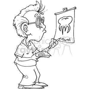 The clipart image depicts a caricature of a dentist examining an X-ray of a tooth. The dentist is wearing glasses and a dental uniform, and appears to be focused on analyzing the X-ray that hangs on a clipboard or display board, which clearly shows a drawing of a tooth with roots and the label Tooth.