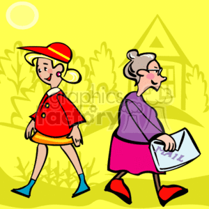 This clipart image features a stylized portrayal of two people who seem to be on a delivery route. The person in the front wears a red cap and coat with blue boots, which might suggest a uniform commonly associated with a mail carrier or delivery person. They are smiling and walking with confidence. The second person, who appears to be an elderly lady with grey hair styled into a bun, is also in motion and is holding what seems to be a piece of mail or a small package.
A concise SEO title for this image could be Clipart of Mail Carrier Delivering to Senior Woman or Delivery People Mail Service Illustration.