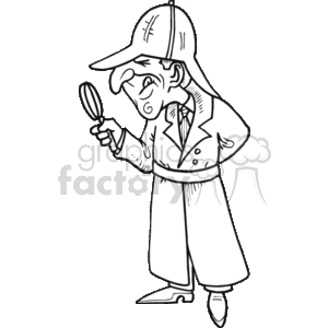 The clipart image depicts a classic representation of a private investigator or detective character. The figure is wearing a trench coat, a fedora hat, and is holding a magnifying glass, suggesting that they are searching for clues or investigating a case. The detective is portrayed as studying something intently through the magnifying glass.