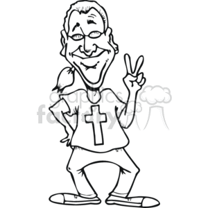 The clipart image features a caricature of a man who embodies a mix of hippie and Christian elements. He is making a peace sign with his fingers, wearing a T-shirt with a cross symbol on it, which indicates a connection to Christianity. He has a laid-back, cheerful expression, and his eyes have 'peace' or 'flower power' style sunglasses, highlighting the hippie aspect.