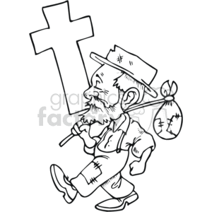 The image depicts a line drawing of an elderly man with a beard, dressed in a manner that suggests a simple or possibly impoverished lifestyle. He is wearing a hat and is carrying a bindle (a bag tied to the end of a stick) over his shoulder, which is a common trope to represent a traveler or a homeless person in a minimalist situation. In the background, there is a large cross, which is a symbol widely recognized in Christianity. The man appears to be walking happily, possibly to signify a journey of faith or the carrying of one's personal burdens with a positive attitude.