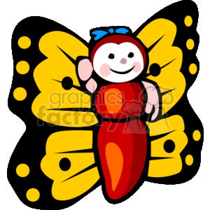 The clipart image shows a stylized representation of a plush toy designed to look like a red and yellow smiling baby character with a blue bow, superimposed on or merging with the wings of a monarch butterfly. The toy appears to be intended for babies or young children, combining elements of a friendly character with the iconic wing pattern of a monarch.