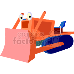 The clipart image features a colorful, stylized representation of a bulldozer, which is a type of heavy equipment commonly used in construction. The bulldozer has a large blade in the front that is used for pushing material, and it appears to be on tracks rather than wheels, which is typical for such machinery to allow for better traction and weight distribution.