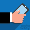 hand holding a cell phone flat design vector art blue background