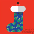 blue cartoon christmas stocking on red square with christmas trees vector flat design