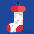 white cartoon christmas stocking on blue square with christmas trees vector flat design