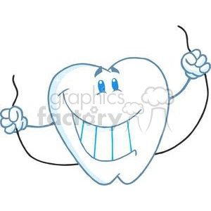 The image is a clipart illustration of a stylized, anthropomorphic tooth character. The tooth has a big, cheerful smile, showing clean, white teeth. It has a pair of cute, blue eyes with eyelashes, suggesting a happy or friendly personality. The tooth is holding dental floss in each of its little hands, making a gesture as if it is using the floss on itself, which emphasizes dental hygiene practices. The overall tone of the image is lighthearted and fun, likely aimed at promoting oral health in an appealing way to children and adults alike.