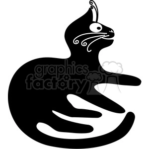 The clipart image shows an abstract or stylized representation of a black cat. The cat is depicted with white accents that highlight its features, like eyes, whiskers, and decorative swirls, adding a playful or artistic character to the design. The cat appears to have a dynamic pose, suggesting movement or curiosity.