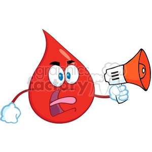 Royalty Free RF Clipart Illustration Angry Red Blood Drop Cartoon Mascot Character Screaming Into Megaphone