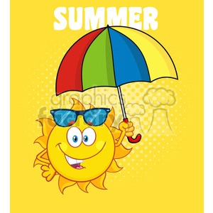 cute sun cartoon mascot character holding a umbrella vector illustration with yellow halftone background and text summer