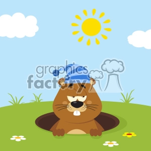 The clipart image features a cartoon-style, whimsical groundhog character emerging from a hole in the ground. The groundhog is wearing a blue and white striped sleeping cap with a pompom on the end. It is a sunny day with a clear blue sky, a bright yellow sun, white clouds, and greenery around including grass and a few flowers.