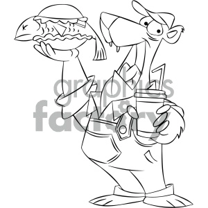 The clipart image depicts an anthropomorphic bear character wearing a shirt, tie, and pants. The bear is holding a sandwich with what looks like a fish (salmon) sticking out of it in one hand and a cup of coffee in the other. There is a sense of humor conveyed by the image, as bears are known for eating fish, but this one is depicted in a civilized, human-like manner enjoying a fish sandwich and a coffee.