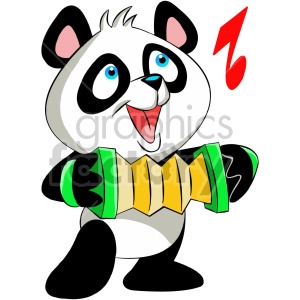 The image depicts a cartoon of a happy panda bear holding a green and yellow striped object, which could be interpreted as a toy or an accordion-like instrument. The panda is drawn in a colorful and playful style, with big blue eyes and a wide smile. A red lightning bolt symbol is visible above the panda’s head, adding a dynamic or energetic accent to the image.